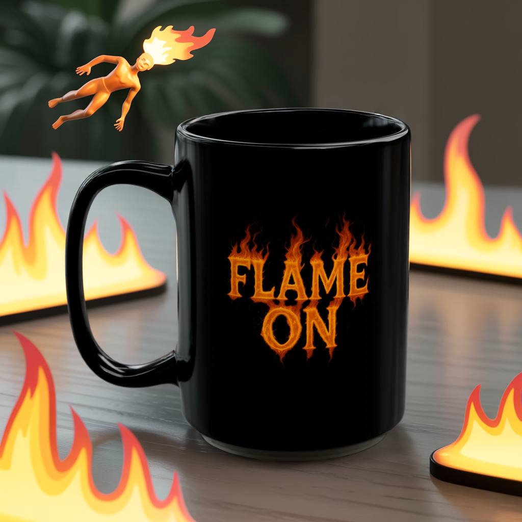 Flame On Mug - Fire Typography Coffee Cup for Superhero Fans, Hot Drink Black Mug, Comic Style Gift, Hero Catchphrase Energy