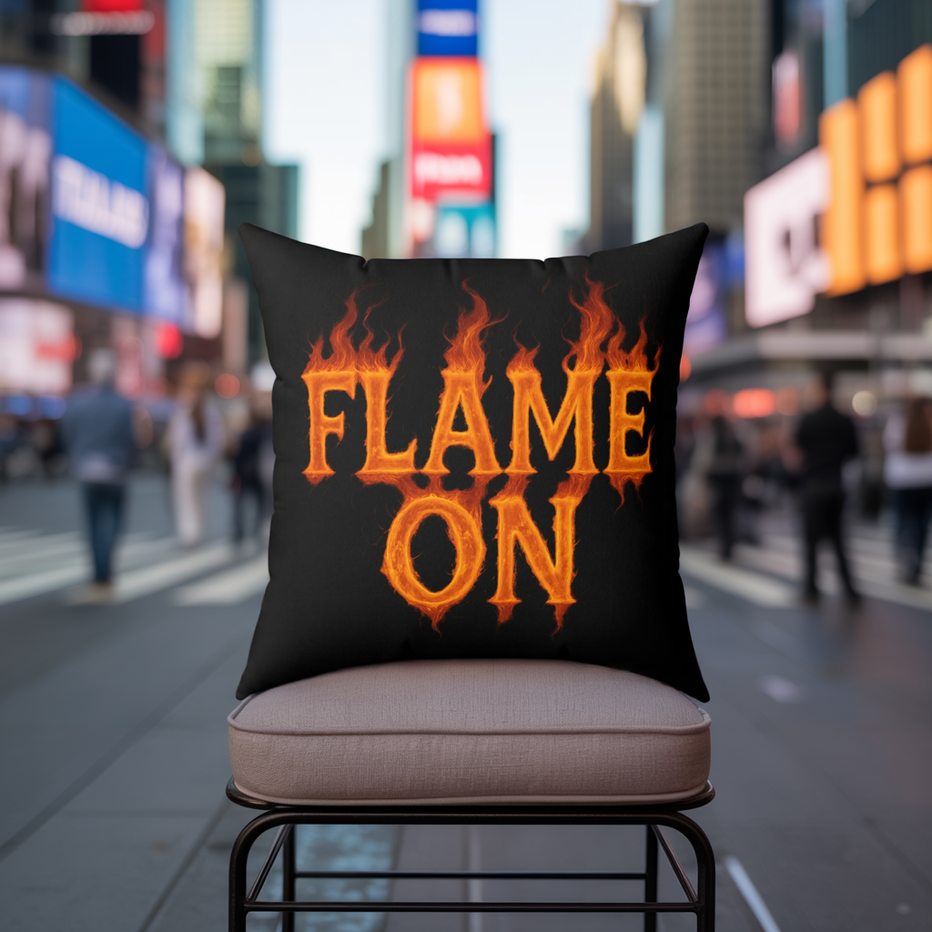 Flame On Throw Pillow - Fire Typography Pillow for Comic Fans, Hotheaded Humor, Dorm Decor, Superhero-Inspired Gift Cushion