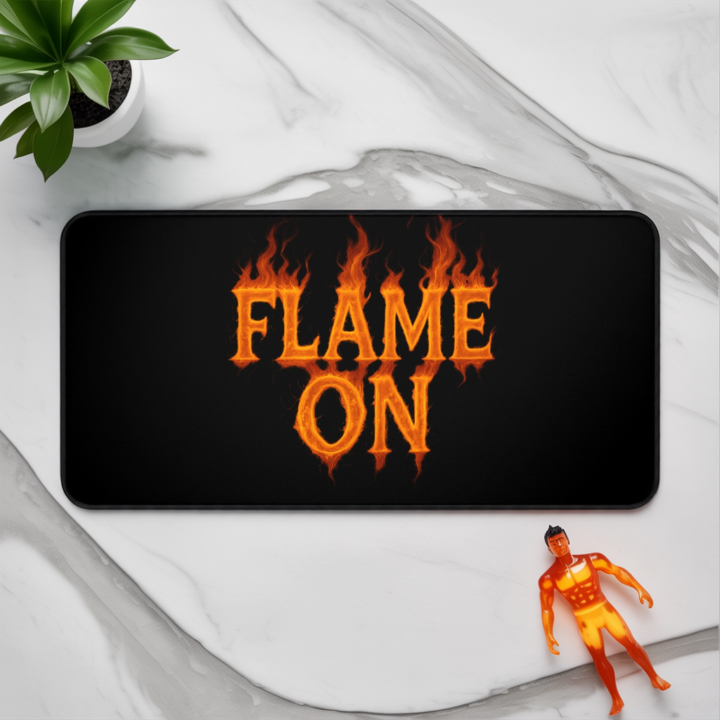 Flame On Desk Mat - Fire Typography Gaming Mouse Pad for Comic Fans, Hot Setup Gift, Nerdy Office Decor, Fiery Custom Desk Pad