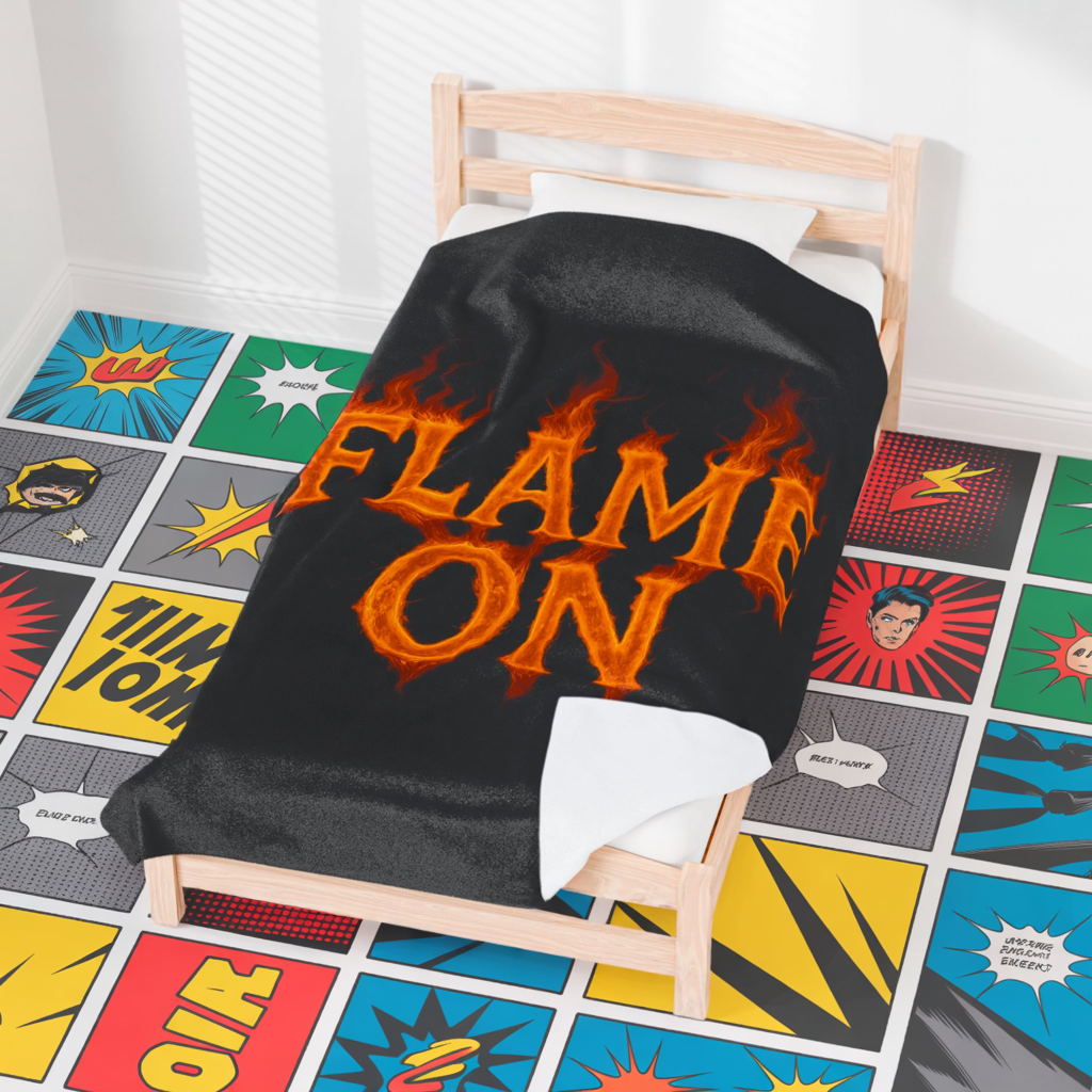Flame On Fire Typography Blanket - Bold Flame Text Fleece Throw for Comic Fans, Cozy Fire Aesthetic Decor, Hero-Inspired Bedding Gift
