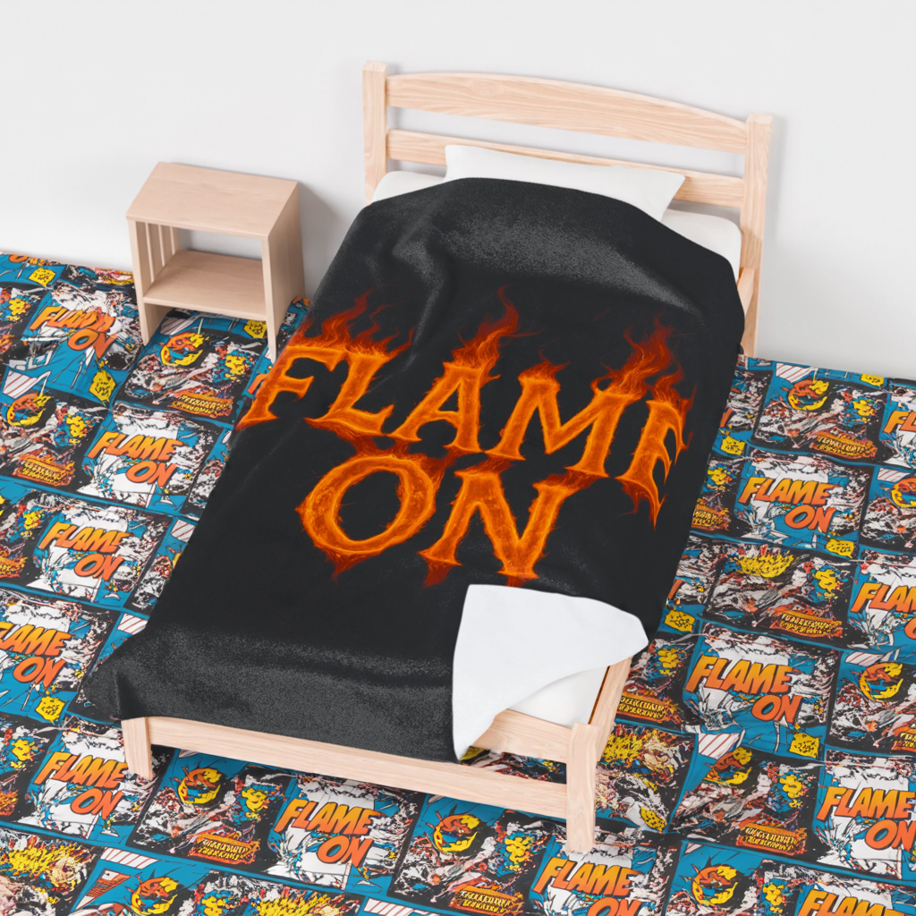 Flame On Fire Typography Blanket - Bold Flame Text Fleece Throw for Comic Fans, Cozy Fire Aesthetic Decor, Hero-Inspired Bedding Gift