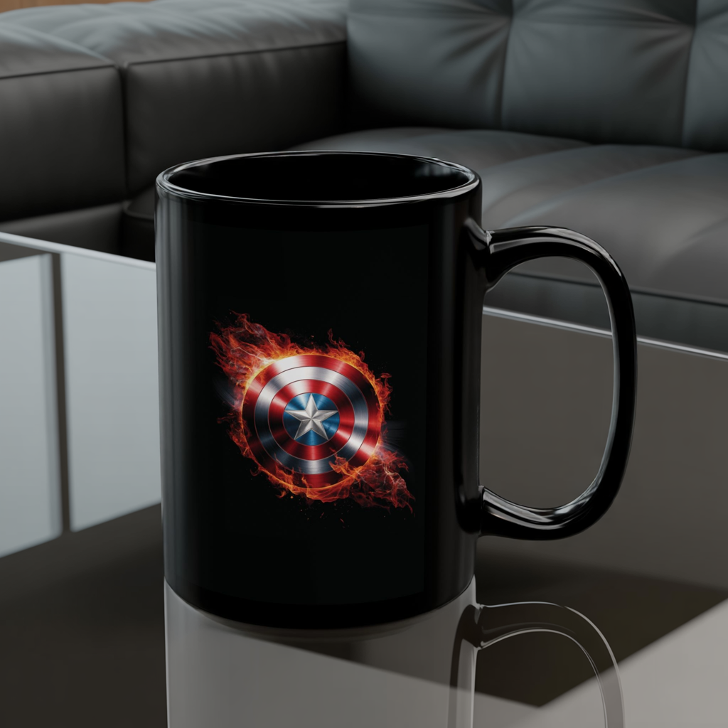 Flaming Shield Emblem Mug - Fiery Red White Blue Star Coffee Cup, Metal-Inspired Symbol Design, Bold Hero Vibes Gift for Fans and Coffee Lovers