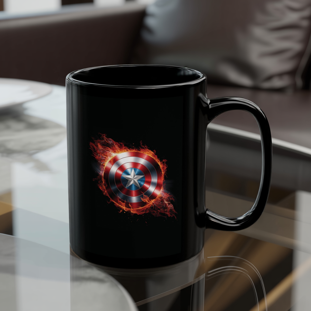 Flaming Shield Emblem Mug - Fiery Red White Blue Star Coffee Cup, Metal-Inspired Symbol Design, Bold Hero Vibes Gift for Fans and Coffee Lovers