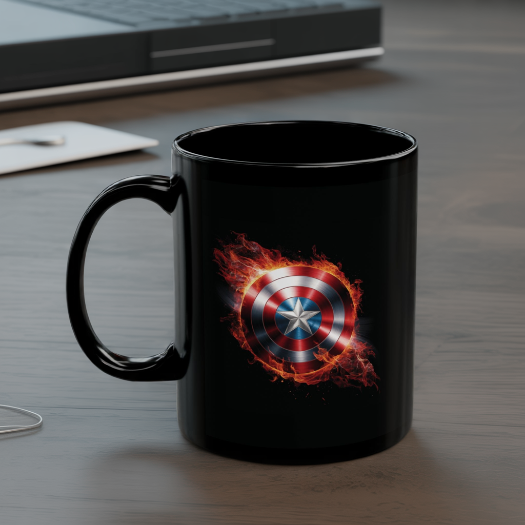 Flaming Shield Emblem Mug - Fiery Red White Blue Star Coffee Cup, Metal-Inspired Symbol Design, Bold Hero Vibes Gift for Fans and Coffee Lovers