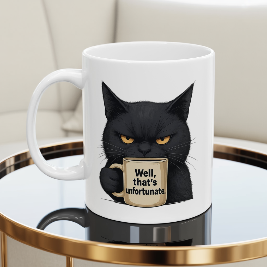 Sarcastic Black Cat Coffee Mug 11 oz or 15oz - “Well, thats unfortunate.” Funny Grumpy Cat Meme Gift, Office Humor, Tea Cup, Sarcasm Lover