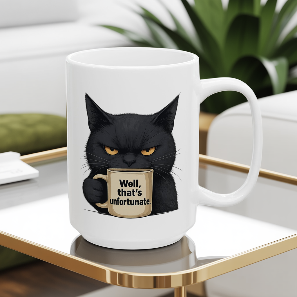 Sarcastic Black Cat Coffee Mug 11 oz or 15oz - “Well, thats unfortunate.” Funny Grumpy Cat Meme Gift, Office Humor, Tea Cup, Sarcasm Lover