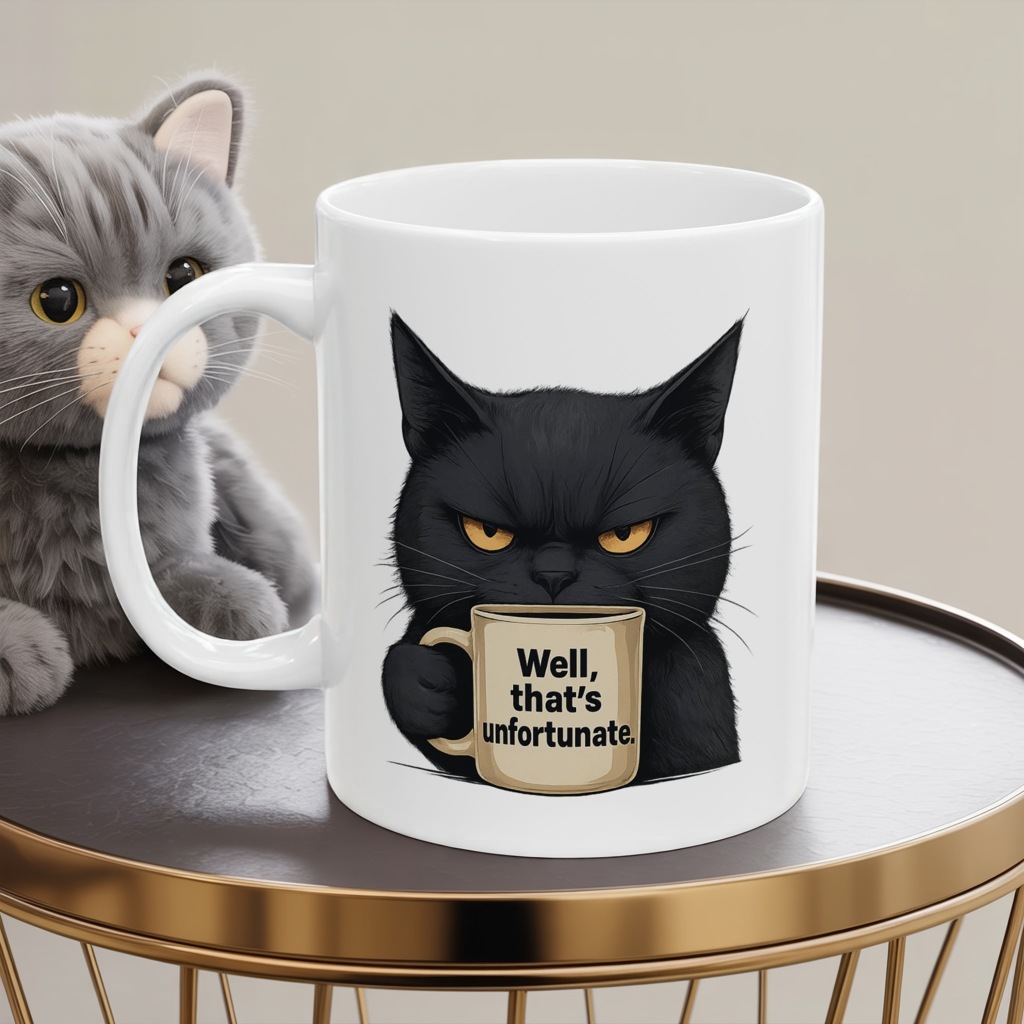Sarcastic Black Cat Coffee Mug 11 oz or 15oz - “Well, thats unfortunate.” Funny Grumpy Cat Meme Gift, Office Humor, Tea Cup, Sarcasm Lover