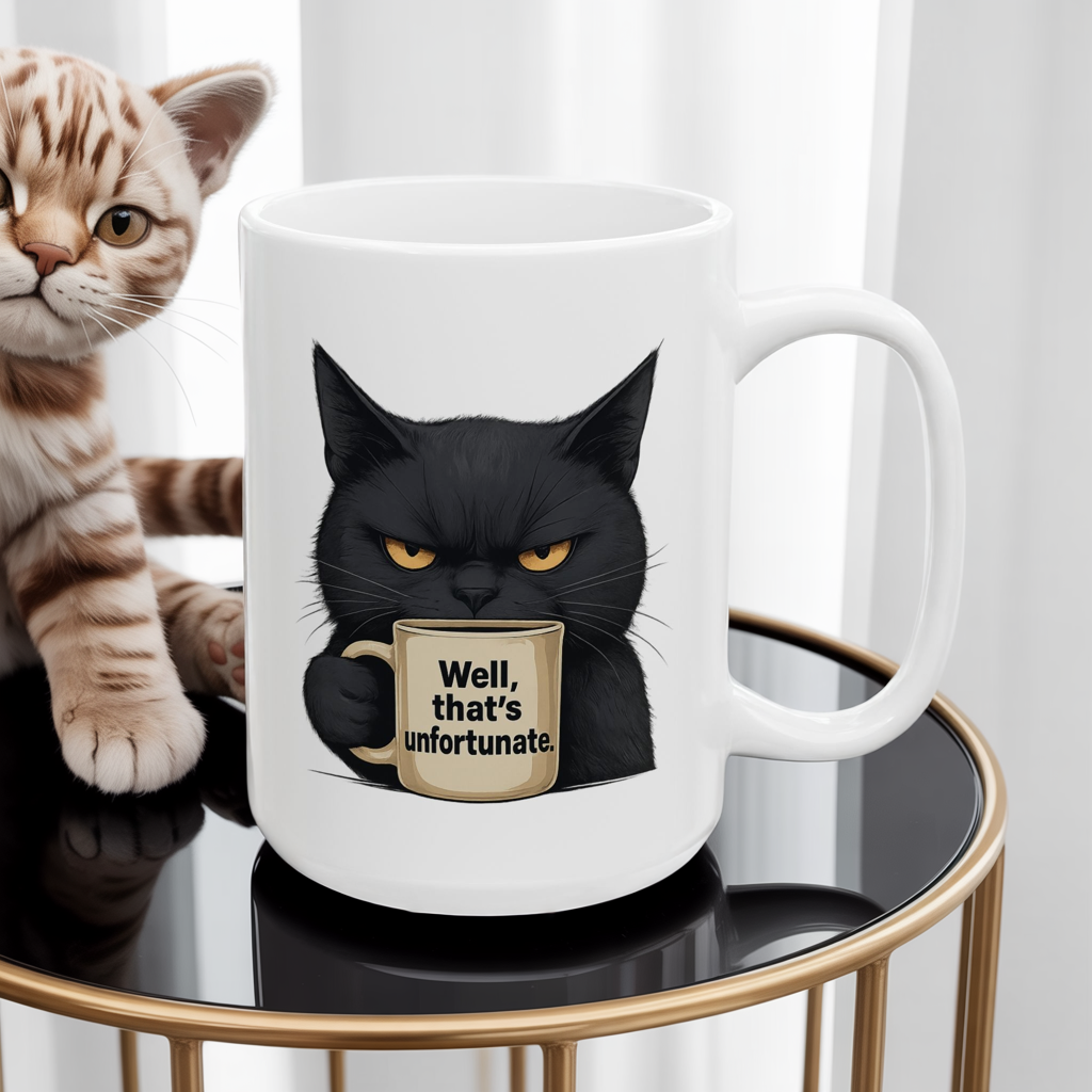 Sarcastic Black Cat Coffee Mug 11 oz or 15oz - “Well, thats unfortunate.” Funny Grumpy Cat Meme Gift, Office Humor, Tea Cup, Sarcasm Lover