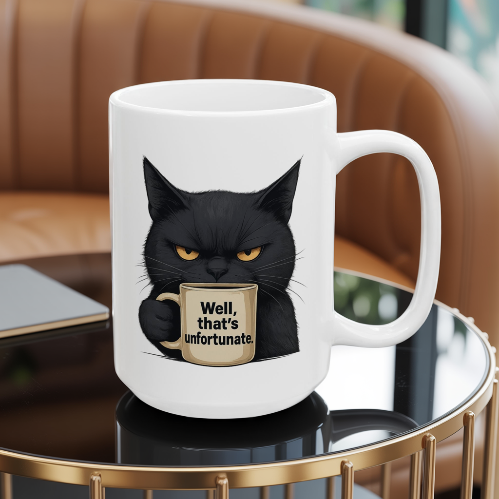 Sarcastic Black Cat Coffee Mug 11 oz or 15oz - “Well, thats unfortunate.” Funny Grumpy Cat Meme Gift, Office Humor, Tea Cup, Sarcasm Lover
