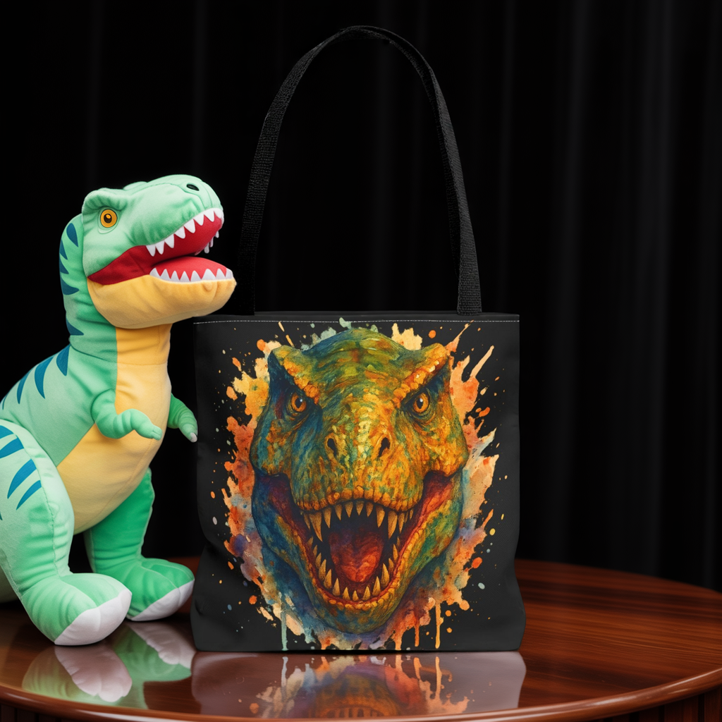 T-Rex Watercolor Tote Bag - 100% Polyester Canvas, Vibrant Dinosaur Art Bag, Reusable Beach-Market Tote, Dino Lover Gift, Bold Style