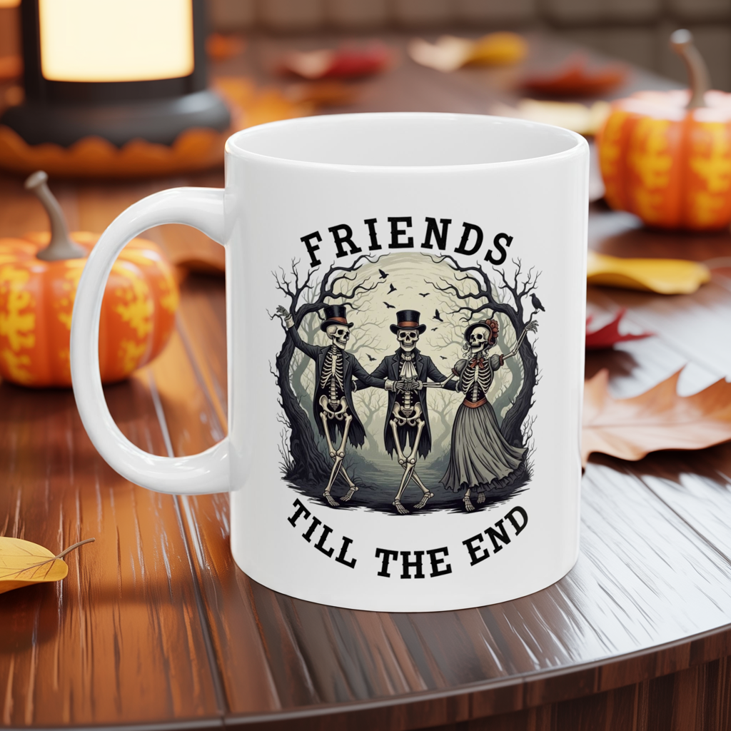 Friends Till The End Skeleton Mug - Halloween Skull Coffee Cup, Gothic Skeleton Friends Gift, Dark Academia Spooky 11oz, 15oz Ceramic