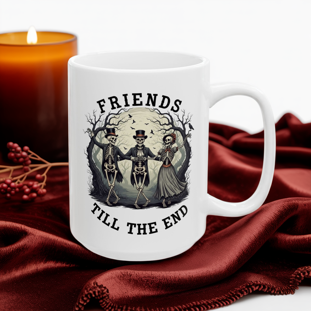 Friends Till The End Skeleton Mug - Halloween Skull Coffee Cup, Gothic Skeleton Friends Gift, Dark Academia Spooky 11oz, 15oz Ceramic