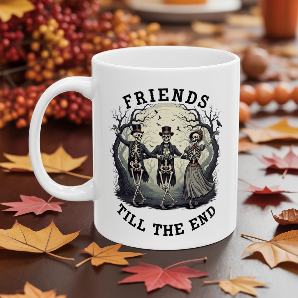 Friends Till The End Skeleton Mug - Halloween Skull Coffee Cup, Gothic Skeleton Friends Gift, Dark Academia Spooky 11oz, 15oz Ceramic