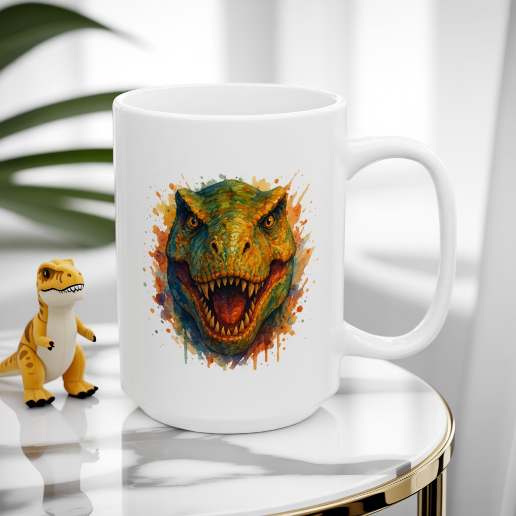 Watercolor T-Rex Mug - Ceramic Dinosaur Coffee Cup, 11oz and 15oz Tea Rex Art, Dinosaur Lover Gift, Paleontology Office Decor