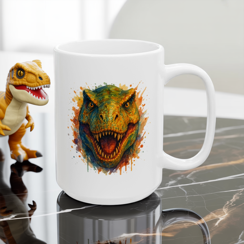 Watercolor T-Rex Mug - Ceramic Dinosaur Coffee Cup, 11oz and 15oz Tea Rex Art, Dinosaur Lover Gift, Paleontology Office Decor