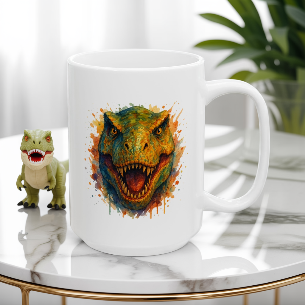 Watercolor T-Rex Mug - Ceramic Dinosaur Coffee Cup, 11oz and 15oz Tea Rex Art, Dinosaur Lover Gift, Paleontology Office Decor