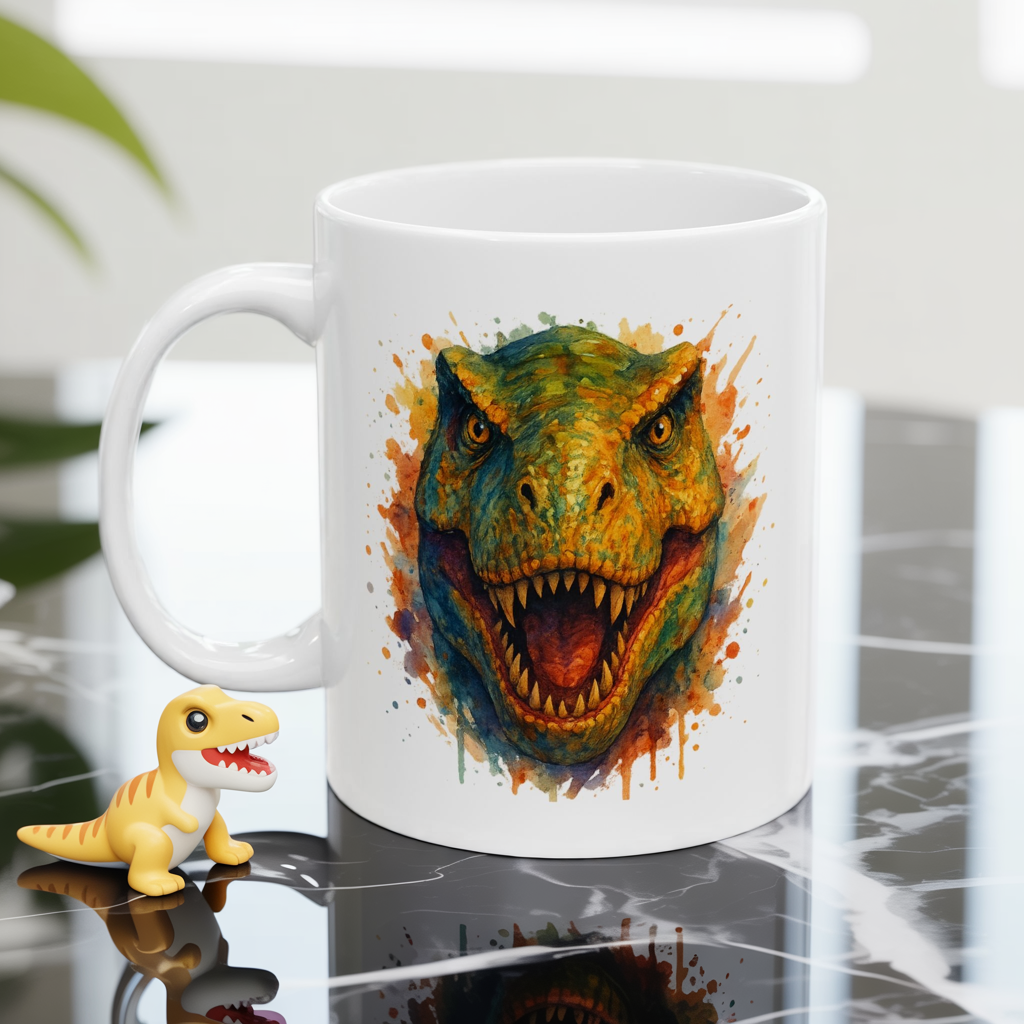 Watercolor T-Rex Mug - Ceramic Dinosaur Coffee Cup, 11oz and 15oz Tea Rex Art, Dinosaur Lover Gift, Paleontology Office Decor