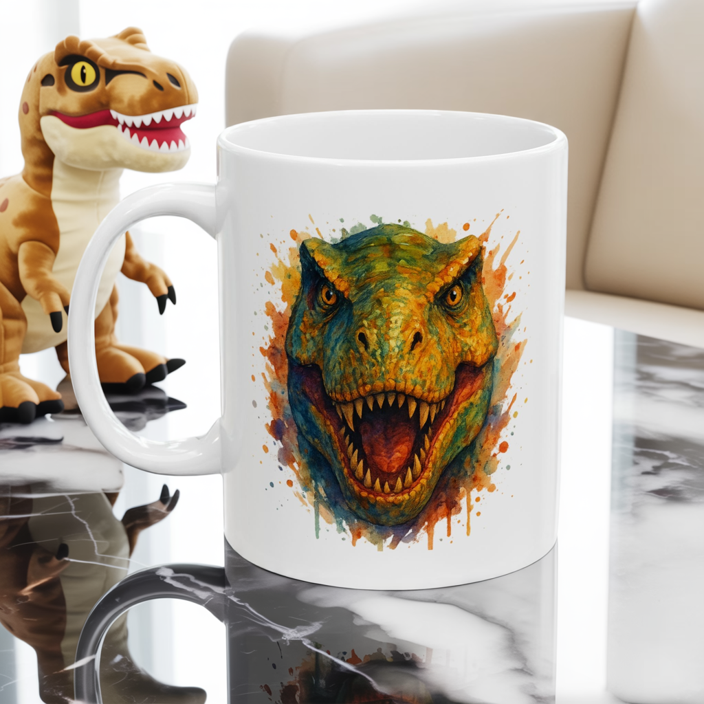 Watercolor T-Rex Mug - Ceramic Dinosaur Coffee Cup, 11oz and 15oz Tea Rex Art, Dinosaur Lover Gift, Paleontology Office Decor