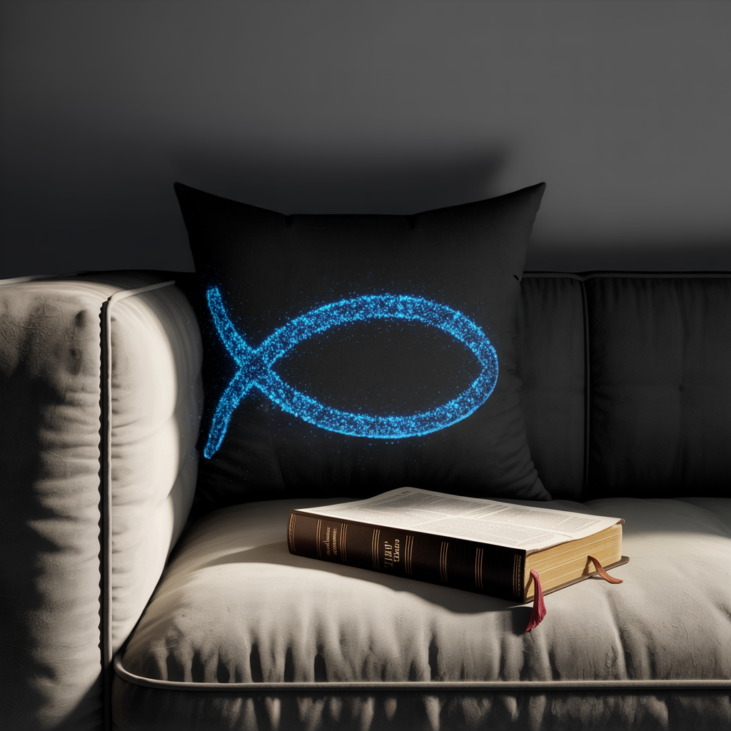 Ichthys Christian Fish Pillow – Bioluminescent Particle Design Cushion, Religious Decor, Faith Throw Pillow, Christian Gift
