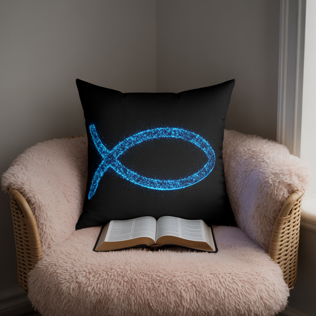 Ichthys Christian Fish Pillow – Bioluminescent Particle Design Cushion, Religious Decor, Faith Throw Pillow, Christian Gift