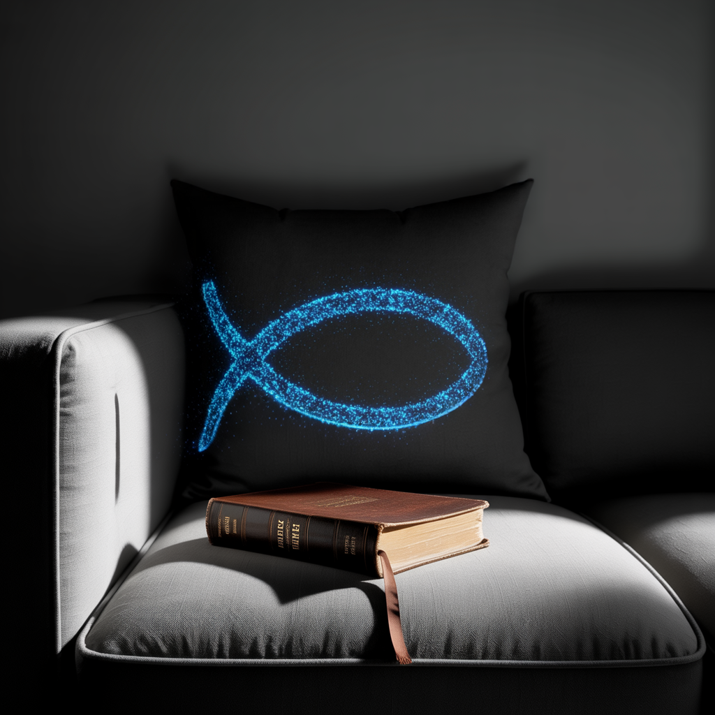 Ichthys Christian Fish Pillow – Bioluminescent Particle Design Cushion, Religious Decor, Faith Throw Pillow, Christian Gift