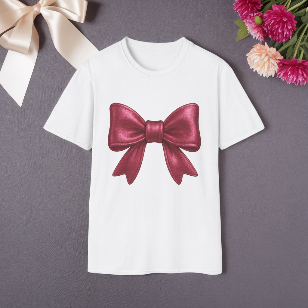 Metallic Burgundy Bow T-Shirt π | Elegant Cute Graphic Tee | Unisex Softstyle Shirt | Gift for Her, Aesthetic Outfit, Celebration Wear