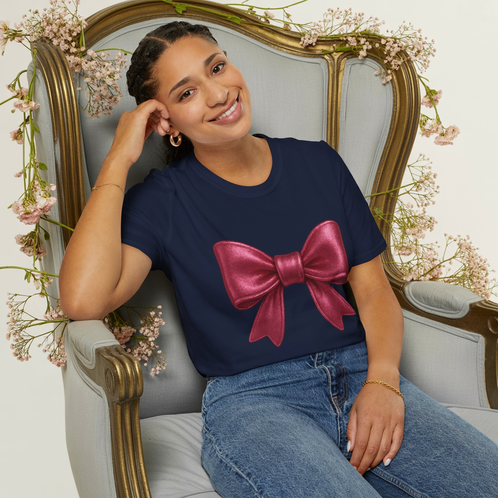 Metallic Burgundy Bow T-Shirt π | Elegant Cute Graphic Tee | Unisex Softstyle Shirt | Gift for Her, Aesthetic Outfit, Celebration Wear