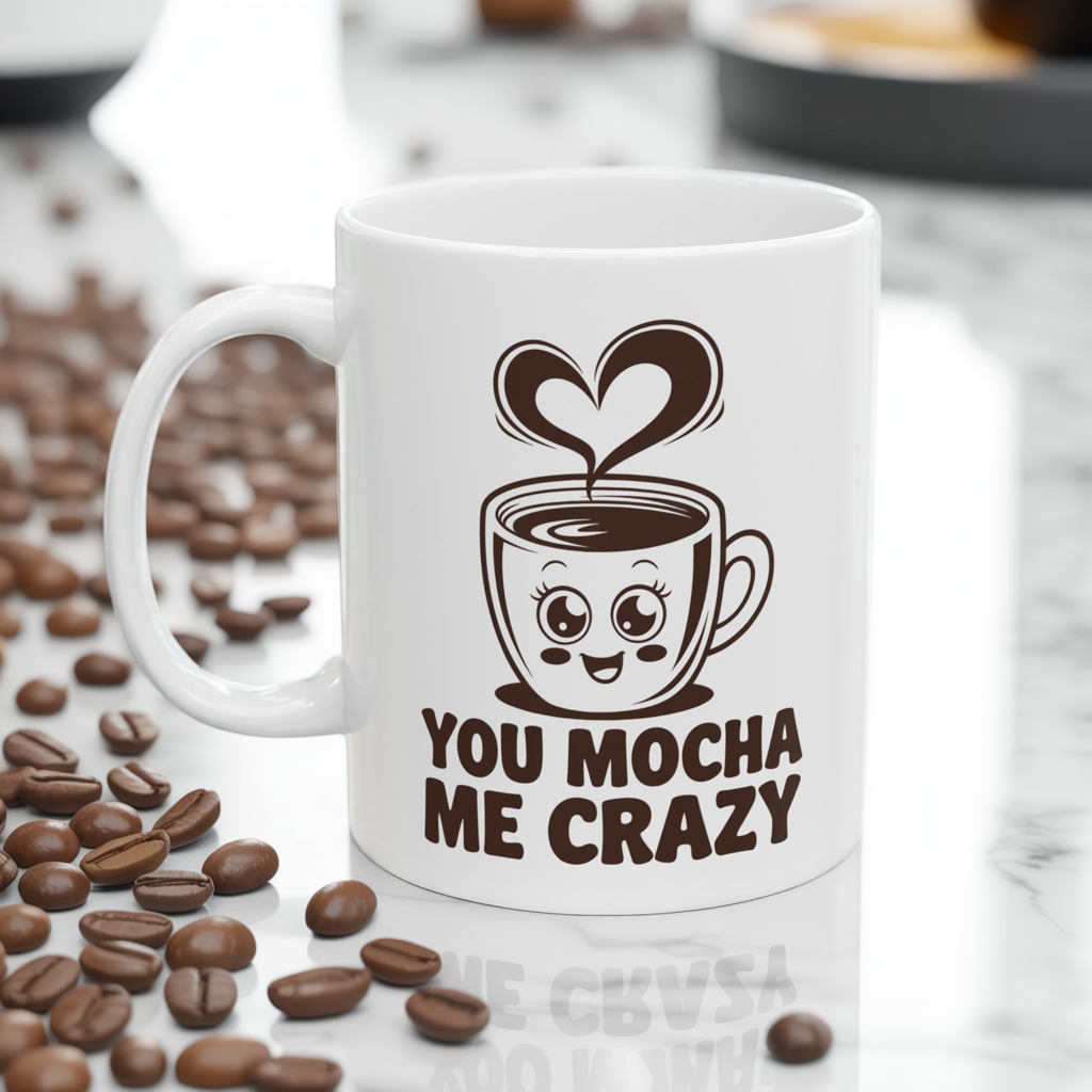 You Mocha Me Crazy Mug – Cute Coffee Pun Gift – Kawaii Heart Latte Art Ceramic 11oz & 15oz – Funny Valentine, Galentine Gift ‘25 Trend