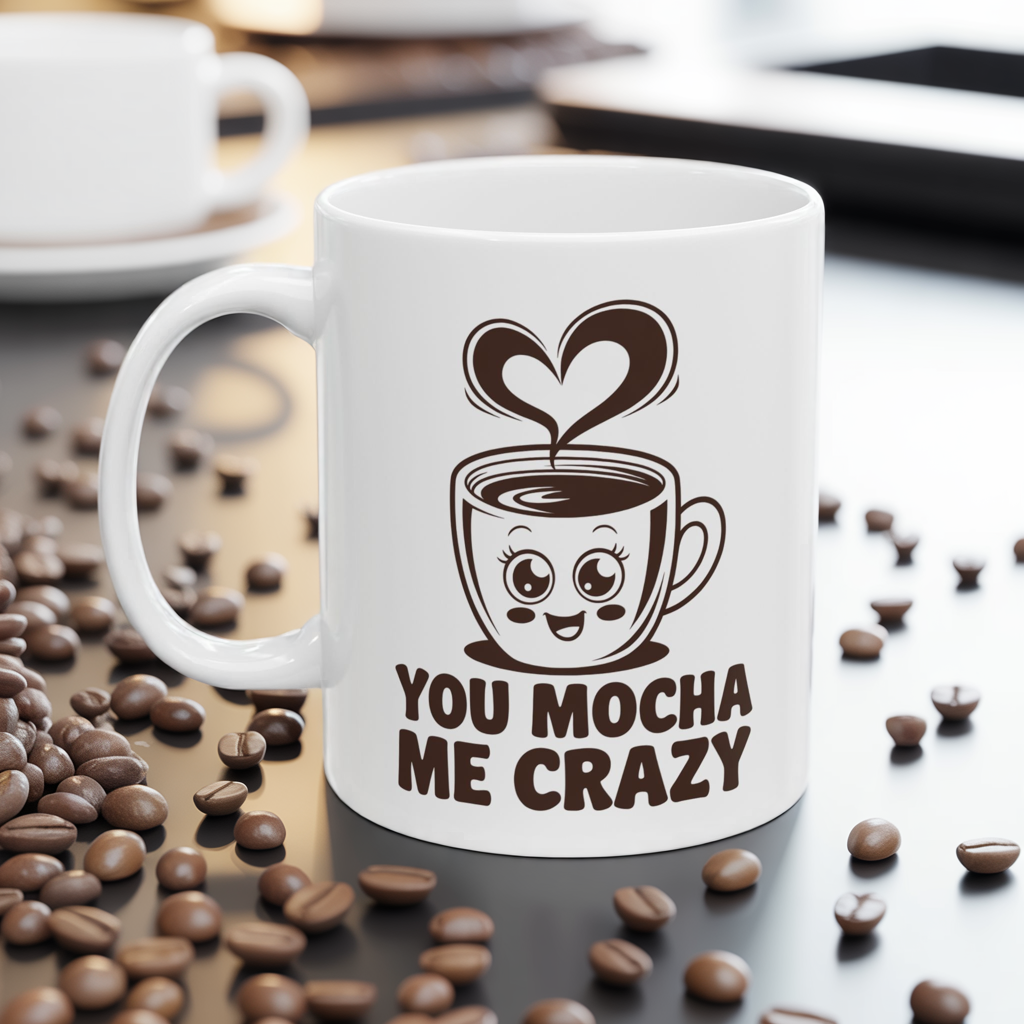 You Mocha Me Crazy Mug – Cute Coffee Pun Gift – Kawaii Heart Latte Art Ceramic 11oz & 15oz – Funny Valentine, Galentine Gift ‘25 Trend