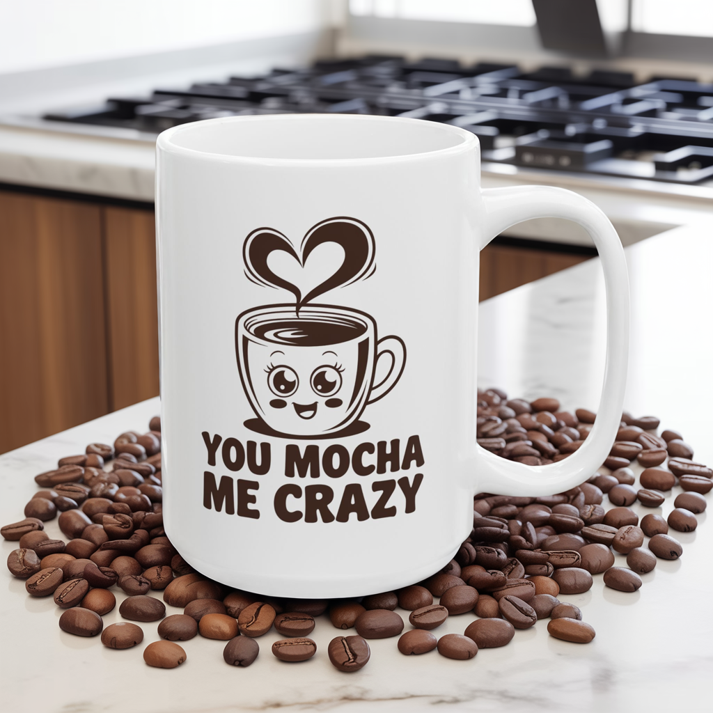 You Mocha Me Crazy Mug – Cute Coffee Pun Gift – Kawaii Heart Latte Art Ceramic 11oz & 15oz – Funny Valentine, Galentine Gift ‘25 Trend