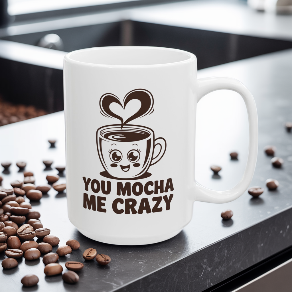 You Mocha Me Crazy Mug – Cute Coffee Pun Gift – Kawaii Heart Latte Art Ceramic 11oz & 15oz – Funny Valentine, Galentine Gift ‘25 Trend