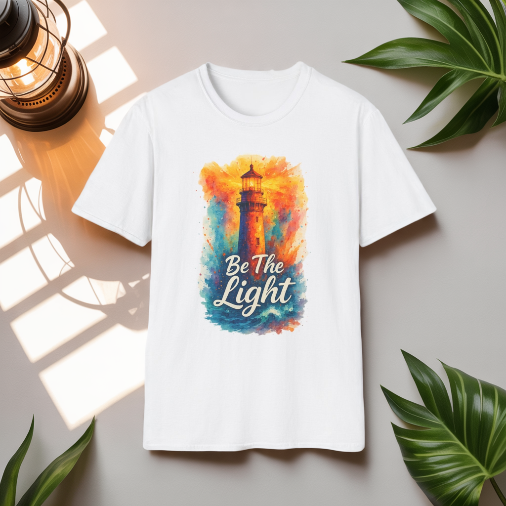 Be The Light Lighthouse T-Shirt | Inspirational Spiritual Tee | Coastal Nautical Gift for Her and Him | Unisex Softstyle Graphic Tee