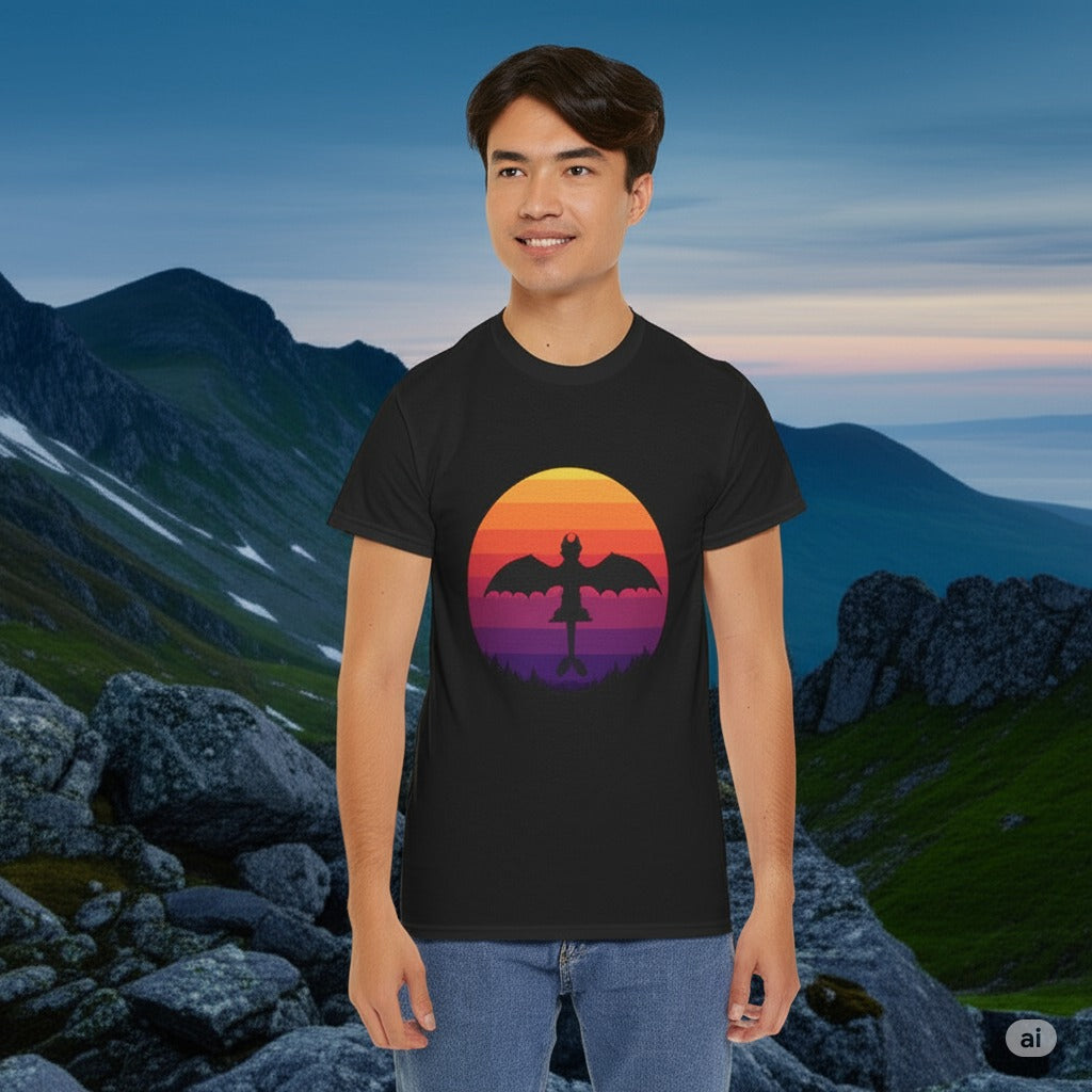 Night Dragon Sunset T-Shirt | Retro Dragon Silhouette Tee | Fantasy Dragon Shirt | Unisex Graphic Tee | Gift for Dragon Lovers
