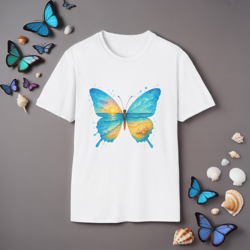 Butterfly Sunset Beach Tee - Scenic Butterfly Graphic Shirt, Nature Lover Gift, Boho Ocean Tee, Unisex Casual T-Shirt