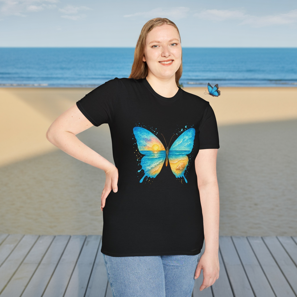 Butterfly Sunset Beach Tee - Scenic Butterfly Graphic Shirt, Nature Lover Gift, Boho Ocean Tee, Unisex Casual T-Shirt
