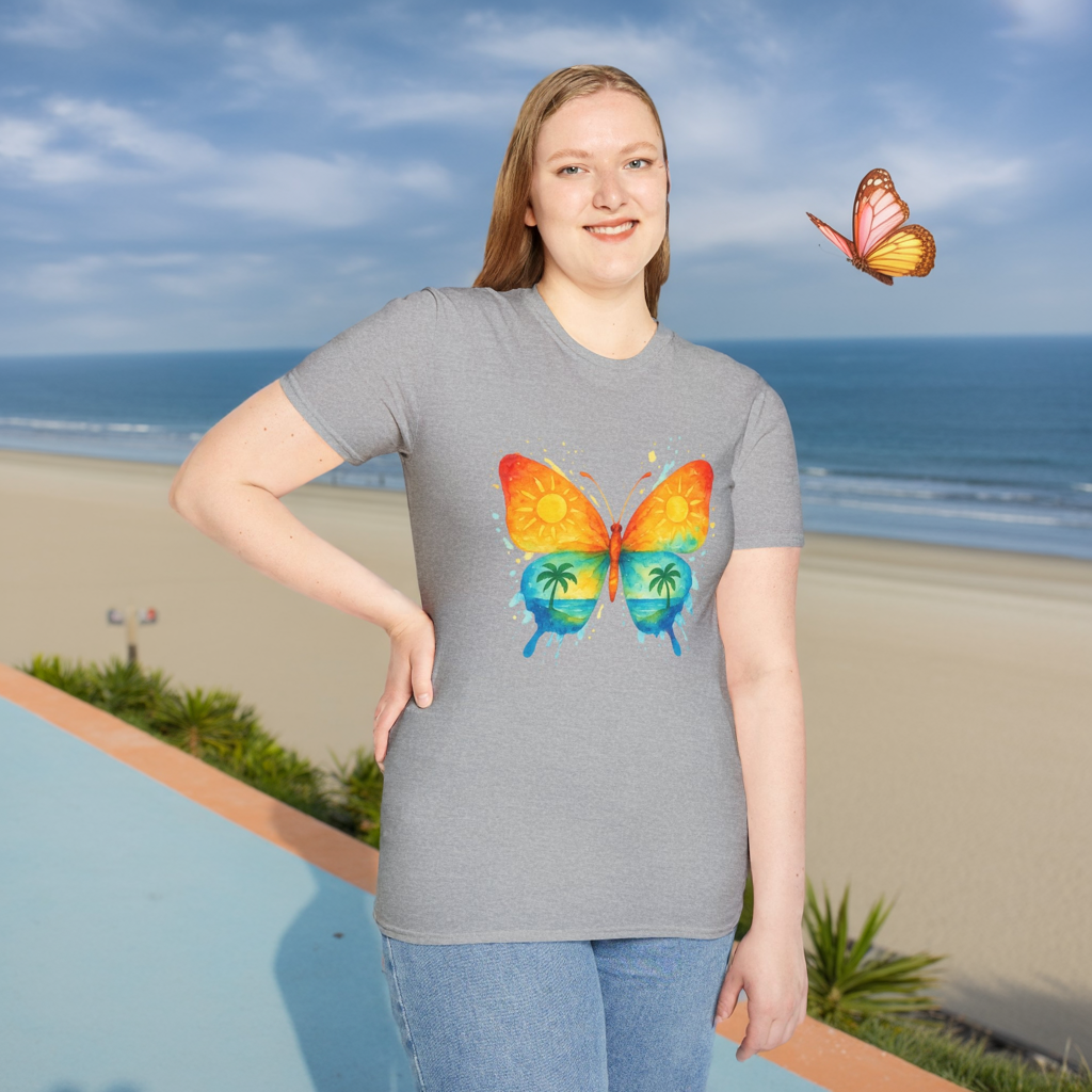 Butterfly Sunset Beach Tee - Ocean & Palm Watercolor Butterfly T-Shirt, Coastal Boho Graphic, Nature Lover Gift, Unisex Casual Tee