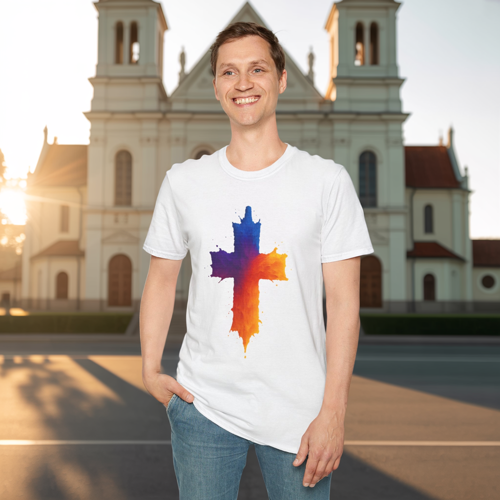 Colorful Abstract Cross T‑Shirt | Bold Grunge Paint Splatter Christian Tee | Unique Vibrant Gift | Inspirational Faith Graphic Shirt