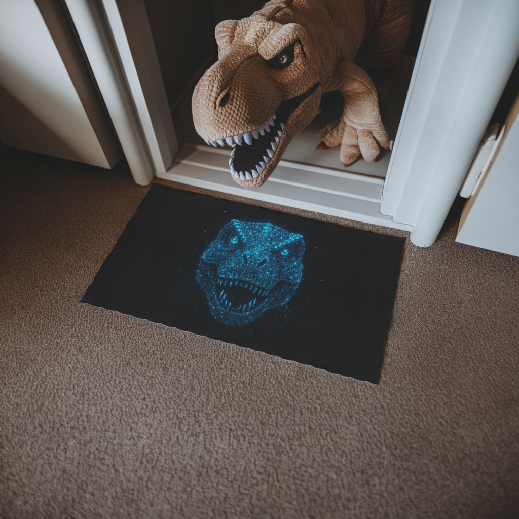Bioluminescent-Style T-Rex Doormat – Neon Blue Dinosaur Skull Rug, Bold Dinosaur Door Mat, Non-Slip Entryway Rug, Unique Gift for Dino Lovers