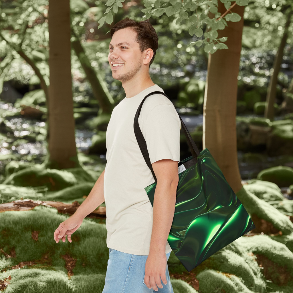 Futuristic Green Tote Bag - Abstract Metallic Wave Art Tote - Glossy Cyber Aesthetic Bag, Techwear Vibes, Edgy Gamer Gift, Trendy Street Style