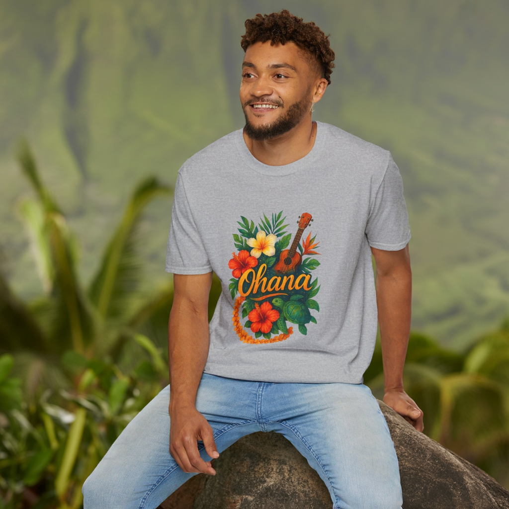 Ohana Hawaiian Shirt | Tropical Family T-Shirt | Luau Vacation Tee | Aloha Summer Shirt | Ukulele Turtle Floral Beach Gift