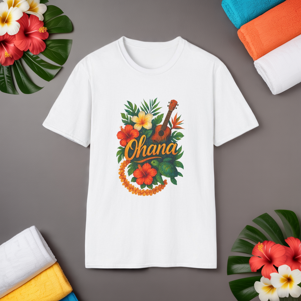 Ohana Hawaiian Shirt | Tropical Family T-Shirt | Luau Vacation Tee | Aloha Summer Shirt | Ukulele Turtle Floral Beach Gift