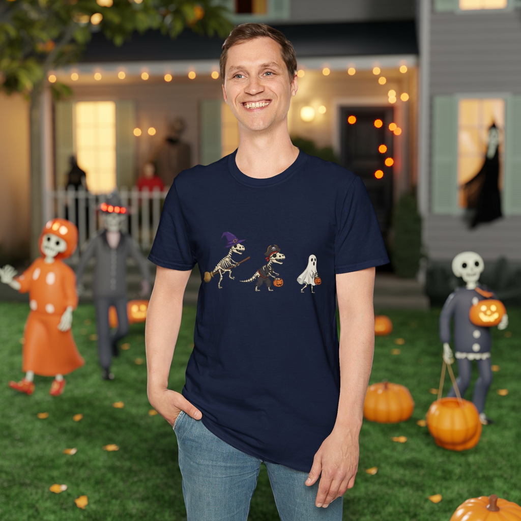 Halloween Dinosaur Skeleton Shirt - Trick-or-Treat Dino Tee, Funny T-Rex Ghost and Witch Costume Shirt, Spooky Cute Skeleton Tee, Unisex