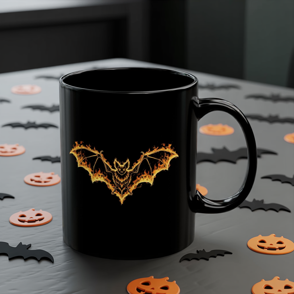 Flaming Bat Mug - Gothic Fire Bat Coffee Cup, Halloween Bat Mug, Spooky Gothic Horror Gift, Vampire Aesthetic Mug, 11oz and 15oz Black