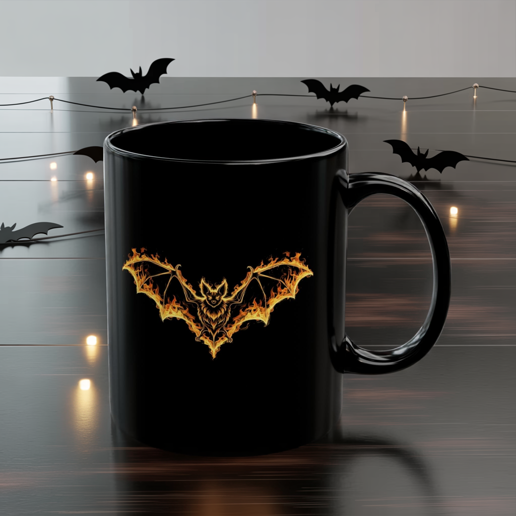 Flaming Bat Mug - Gothic Fire Bat Coffee Cup, Halloween Bat Mug, Spooky Gothic Horror Gift, Vampire Aesthetic Mug, 11oz and 15oz Black