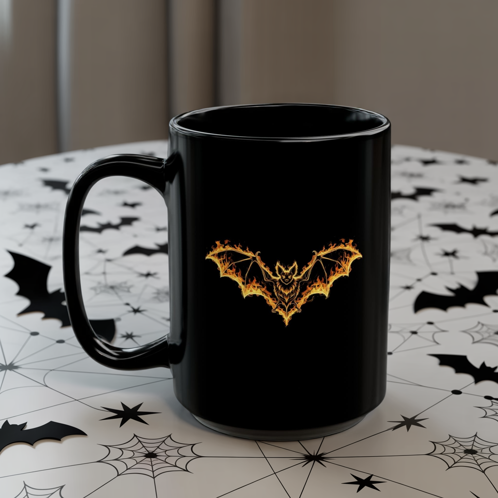 Flaming Bat Mug - Gothic Fire Bat Coffee Cup, Halloween Bat Mug, Spooky Gothic Horror Gift, Vampire Aesthetic Mug, 11oz and 15oz Black