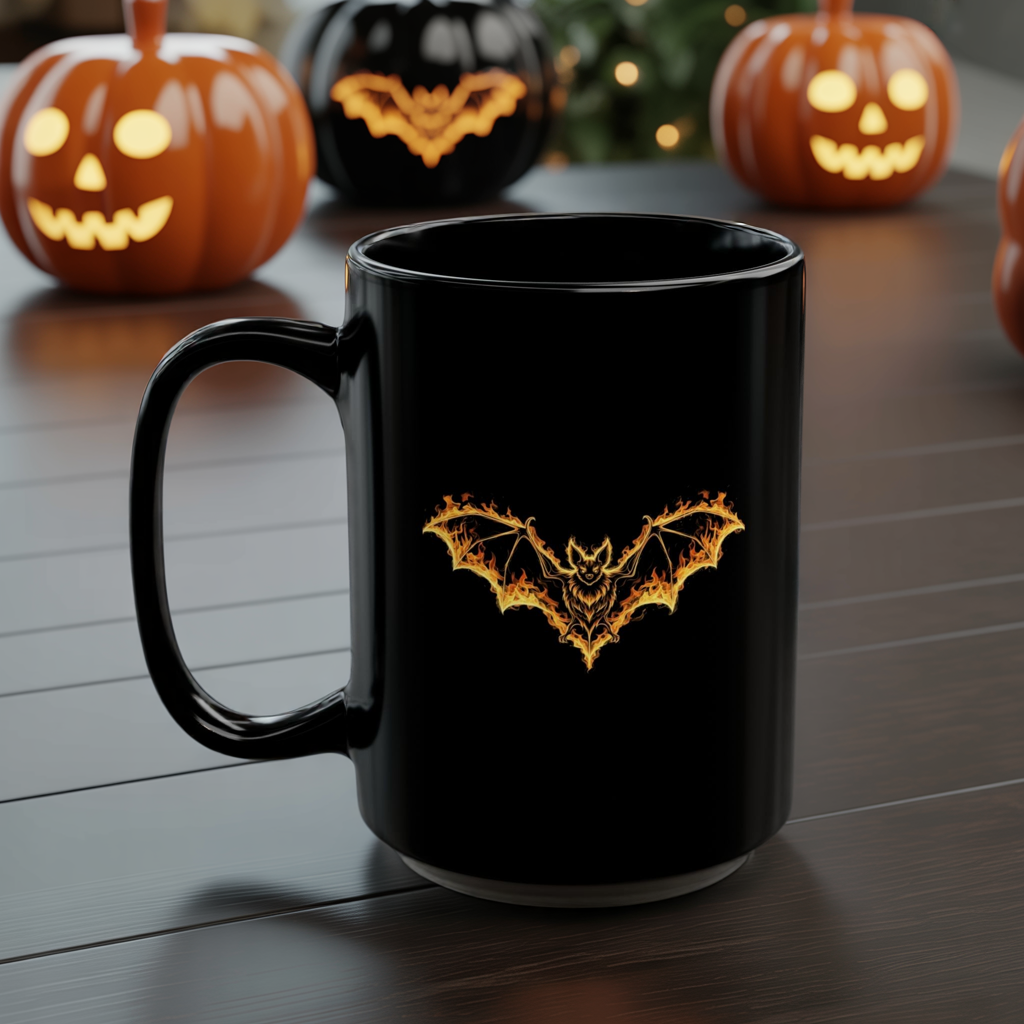 Flaming Bat Mug - Gothic Fire Bat Coffee Cup, Halloween Bat Mug, Spooky Gothic Horror Gift, Vampire Aesthetic Mug, 11oz and 15oz Black