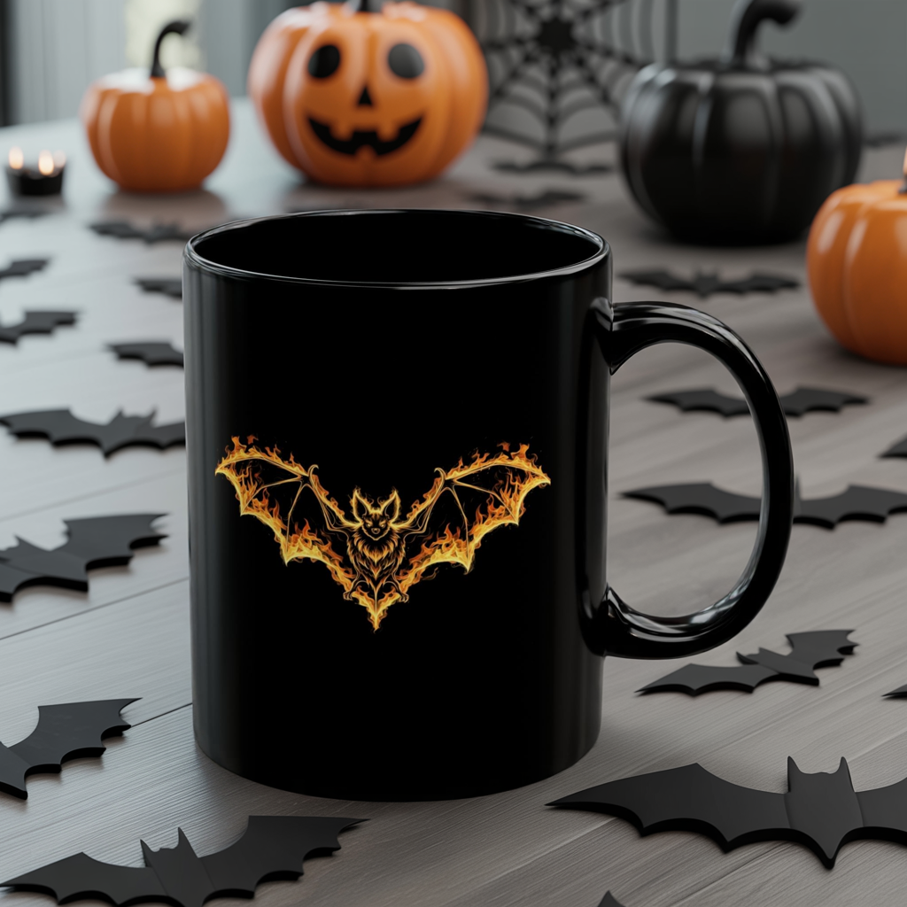 Flaming Bat Mug - Gothic Fire Bat Coffee Cup, Halloween Bat Mug, Spooky Gothic Horror Gift, Vampire Aesthetic Mug, 11oz and 15oz Black