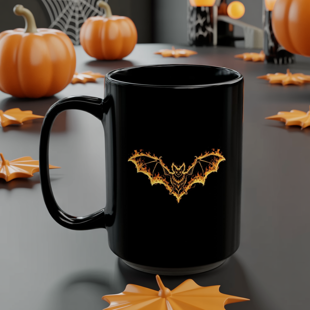 Flaming Bat Mug - Gothic Fire Bat Coffee Cup, Halloween Bat Mug, Spooky Gothic Horror Gift, Vampire Aesthetic Mug, 11oz and 15oz Black