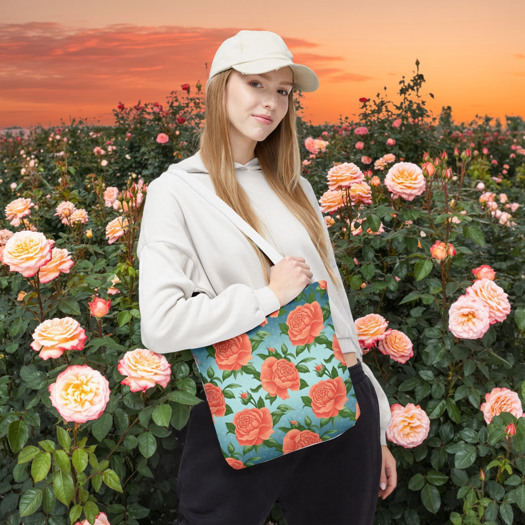 Vintage Floral Tote Bag – Coral Rose Pattern on Blue Background – Aesthetic Everyday Carry Bag – Reusable Fabric Market Tote Gift