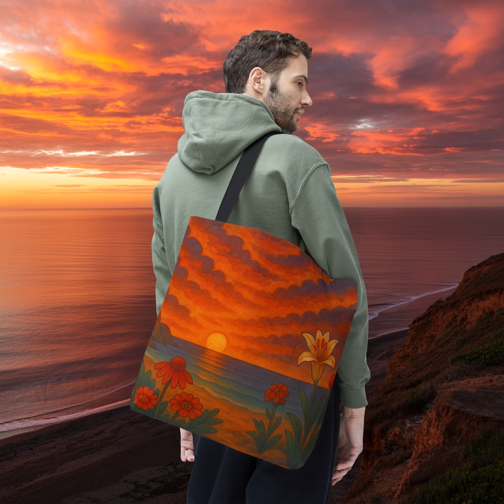 Retro Sunset Tote Bag with Wildflowers – Vibrant Floral Landscape Art, Nature-Inspired Reusable Bag, 70s Style Summer Accessory